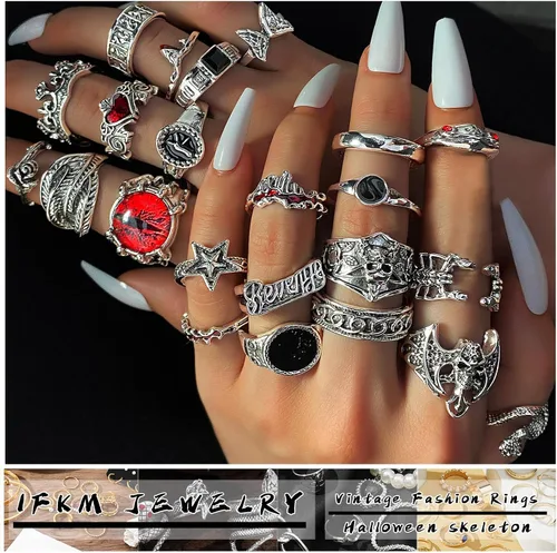 Vista 2 de IFKM Vintage Silver Knuckle Rings Set for Women, Stackable Joint Finger Statement Rings Bohemian Retro Hollow Carved Midi Rings, Boho Halloween