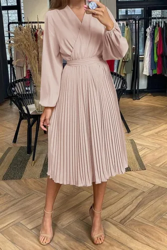 Vista 6 de PRETTYGARDEN Vestido Midi de Primavera para Mujer con Manga Larga Abombada, Cuello en V Envolvente, Fluido, con Volantes Plisados, Vestidos Casuales