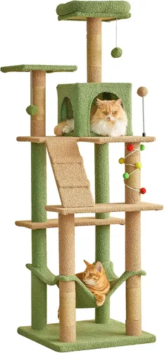 Vista 18 de MWPO - Árbol para gatos, multiestructura para gatos grandes con postes rascadores de sisal, plataforma acolchada, hamaca y condominio, torre Beige