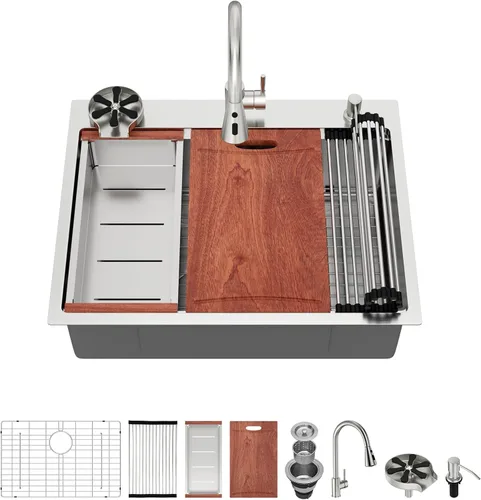 Vista 19 de Fregadero de barra dorada con grifo, fregaderos de barra de acero inoxidable de 15 x 17 pulgadas, estación de trabajo para interiores y exteriores