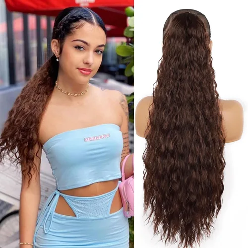 Vista 10 de Extensión de cola de caballo larga y rizada para mujeres/niñas, 26 pulgadas de alto, con cordón, extensiones de cabello con clip, extensiones