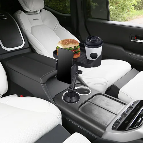 Vista 9 de CALLARON Bandeja portavasos, bandejas para automóvil para comer, bandeja giratoria ajustable 3 en 1 para alimentos, soporte universal para vasos