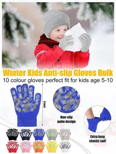 Vista 2 de Paquete de 100 gorros y guantes antideslizantes para niños, gorro de punto cálido, guantes de invierno a granel para niños y niñas