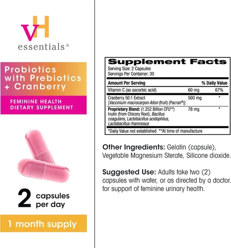 Vista 5 de vH essentials Probióticos para mujeres con prebióticos, arándano y vitamina C – 120 cápsulas – Paquete de 2 – Probióticos vaginales que apoyan