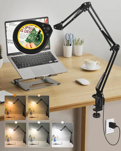Vista 10 de Lupa 10X y 5X con luz, brazo oscilante ultra largo, 5 colores y 10 de brillo, lente de cristal real, lámpara de aumento grande para manualidades