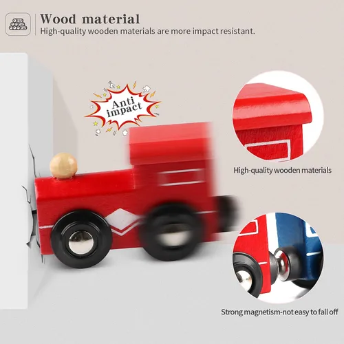 Vista 4 de Wondertoys Juego de 12 trenes magnéticos de madera, incluye 3 motores y bolsa de almacenamiento, juego de tren de madera para niños pequeños
