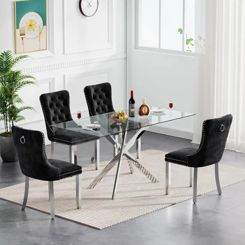 Vista 13 de Juego de mesa de comedor de cristal para cocina de 4, 5 piezas, mesa de comedor rectangular de 51 pulgadas con 4 sillas de cocina de terciopelo