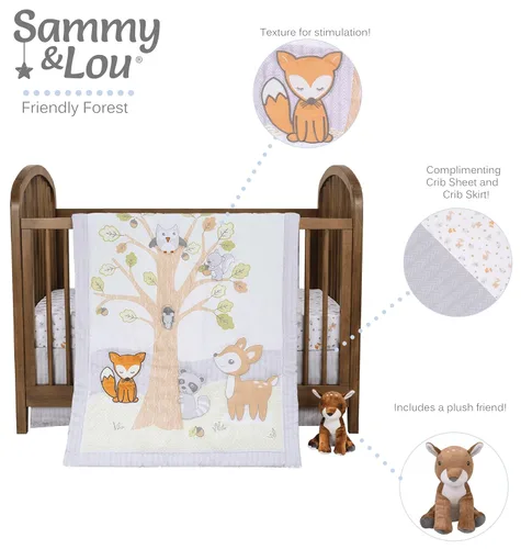 Vista 2 de Sammy & Lou Friendly Forest - Juego de ropa de cama para cuna de bebé de 4 piezas, incluye edredón, sábanas bajeras para cuna neutrales, falda