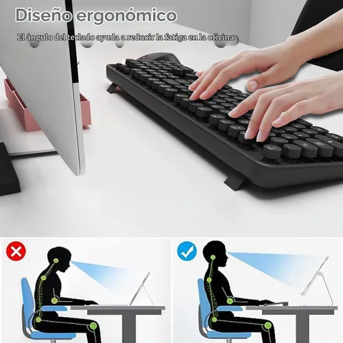 Vista 2 de Combo de teclado y mouse inalámbricos, teclado retro estilo máquina de escribir con teclas redondas, conexión de 2.4 GHz libre de caídas, mouse