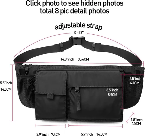 Vista 11 de Riñonera grande impermeable negra para hombres y mujeres, bolsa de cinturón, bolsa de cadera con correa ajustable, riñonera ligera de primera