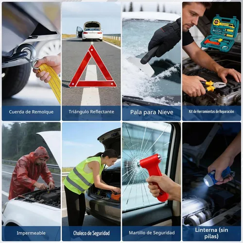 Vista 5 de XOOL Kit de emergencia para automóvil con cables de puente, kit de primeros auxilios, correa de remolque y juego de herramientas – Kit de seguridad
