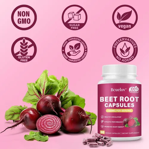 Vista 6 de Cápsulas de raíz de remolacha Cápsulas de polvo de remolacha pura de 1300 mg - Apoya la presión arterial, energía natural y resistencia - 90