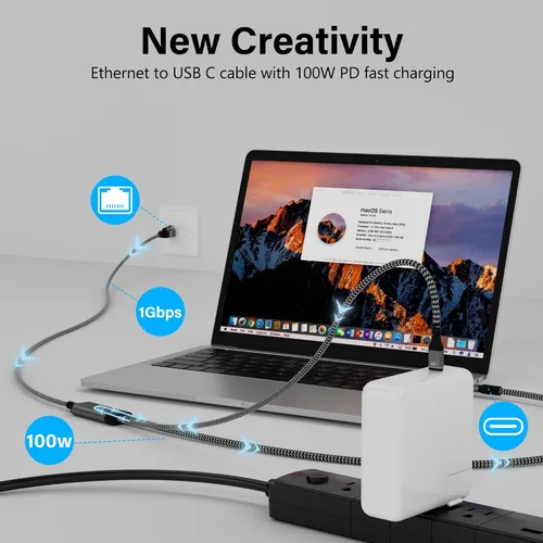 Vista 2 de Cable USB C a Ethernet de 6 pies, cable tipo C a RJ45 con USB-C macho de 100 W PD carga rápida (PD junto al puerto USB-C), Ethernet y carga dos