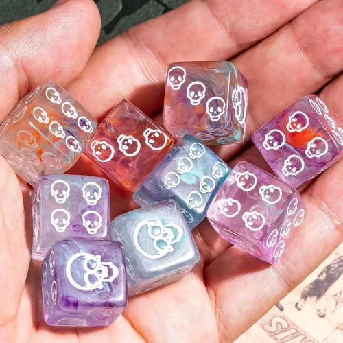 Vista 17 de Juego de 10 dados D6 de 16 mm, juego de dados blancos de 6 lados para juegos de mesa RPG Leather Storage Bag, DM Gift, for Dungeons and Dragons