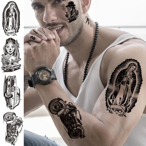 Vista 5 de 12 Hojas de Tatuajes Temporales Chicanos Grandes, Tatuajes Temporales Cholo y Chola, Tatuajes Falsos de Gángster Chicana Guadalupe Día