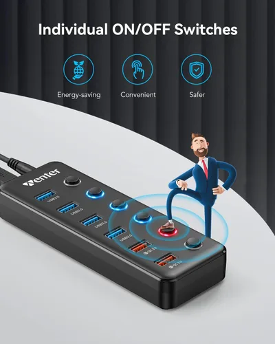 Vista 6 de Wenter Hub USB 3.0 de 6 puertos USB 3.0 (4 puertos de datos USB 3.0 + 2 puertos de carga rápida QC 3.0) con interruptores LED individuales