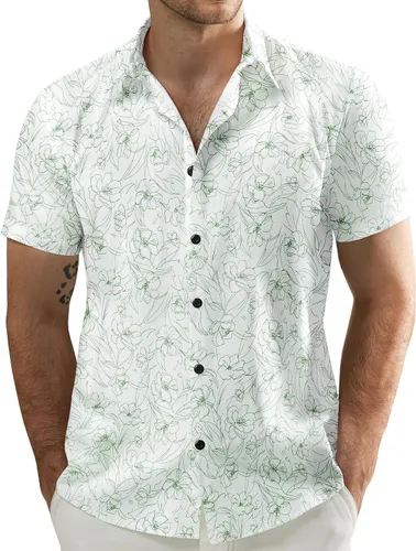 Vista 18 de JOGAL - Camisa hawaiana de Aloha para hombre, manga corta, diseño de flores Negro Blanco Línea
