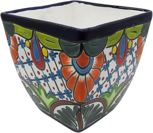 Vista 4 de Maceta cuadrada grande pintada a mano para interiores y exteriores, figura multicolor (Talavera)