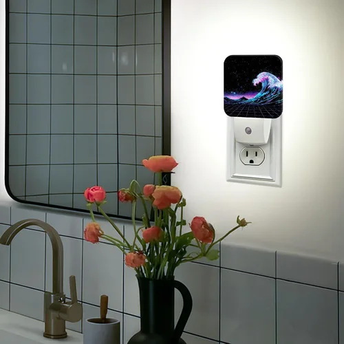 Vista 5 de Waves Night Lights Plug Into Wall, Retro Futuristic Stars Mountains Summer Blue Smart Led Plug in Night Lights for Wall Socket for Bedroom Kids Room