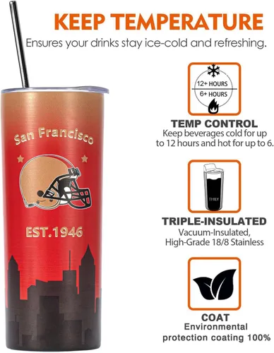 Vista 3 de Vasos delgados de San Francisco de 20 onzas con tapa y pajitas, taza de café de viaje, acero inoxidable, aislados, colección clásica, regalos