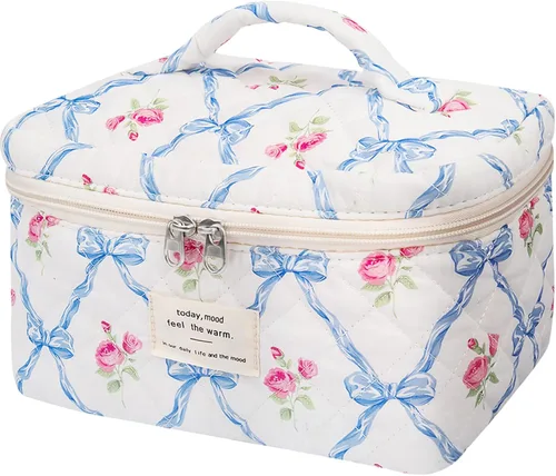 Vista 32 de Gosect Bolsa de maquillaje grande, bonita bolsa de cosméticos para mujeres y niñas, bolsa de aseo estética de coqueta floral, bolsa organizadora
