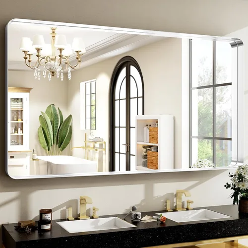 Vista 11 de Espejo de baño negro de 30"x22" - Espejo moderno para pared con esquinas redondeadas, espejos de baño para tocador, espejo enmarcado de aleación