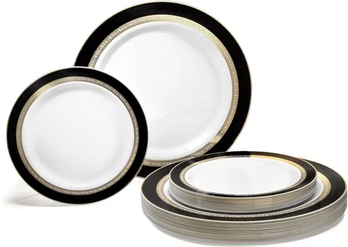 Vista 17 de OCASIONES" Paquete de 50 platos (25 invitados) - Juego de platos de plástico desechables pesados para fiestas de boda - 25 x 10.5'' cena + 25 x