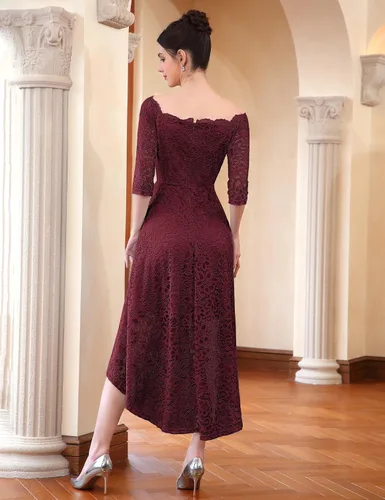 Vista 5 de Dressystar - Vestido de encaje para mujer, vestido asimétrico con vuelo y hombros descubiertos ideal para cóctel, dama de honor, fiesta formal
