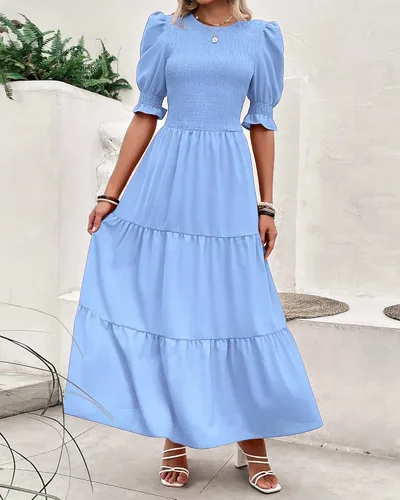 Vista 8 de BTFBM Vestidos para mujer, cuello redondo, casual, de verano, con volantes, manga corta, bohemio, con niveles, fruncido, largo, con estampado floral