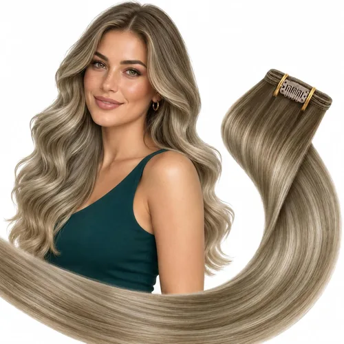 Vista 31 de Ve Sunny Extensiones de cabello humano real con clip balayage, color marrón castaño degradado a rubio, 12 pulgadas, 5 unidades, 2.82 onzas