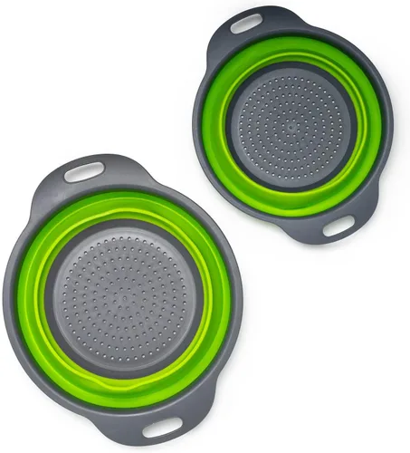 Vista 5 de Juego de 2 coladores plegables de silicona, de grado alimenticio, perfecto para drenar pasta, verduras y frutas (verde)