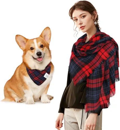 Vista 14 de E-Clover Bandanas navideñas para perros, bufanda a juego para el propietario, bufanda a cuadros para perro, baberos con bufandas de tartán, chal