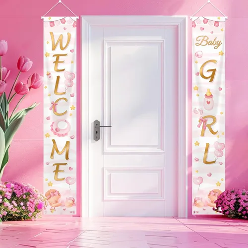 Vista 3 de MEHOFOND Letrero de bienvenida para el porche de la niña, cartel colgante de bienvenida para la puerta del bebé niña, cartel de bienvenida