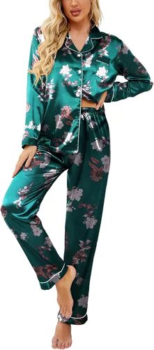 Vista 51 de Ekouaer - Conjunto de pijama de satén de seda clásico con botones para mujer, de manga larga Verde militar
