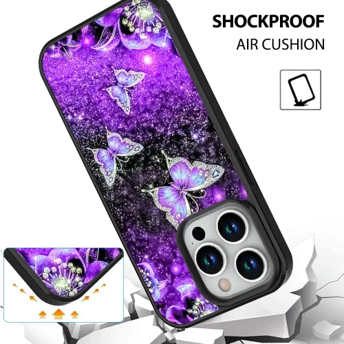 Vista 6 de OOK Diseños para iPhone 14 Pro Max Funda con Purpurina Mariposa Púrpura Diseño de Nebulosa Espacial PC Duro + TPU Suave Parachoques Antideslizante