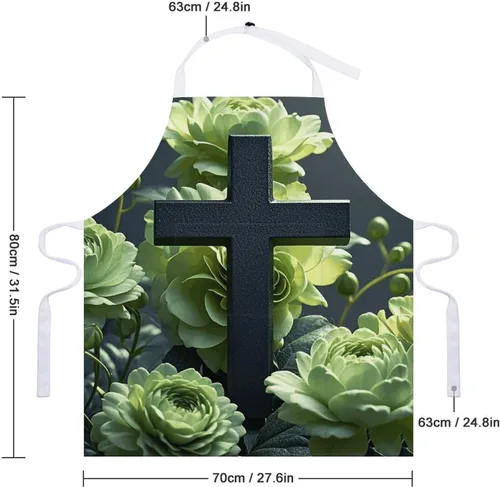 Vista 2 de MUSM Apron for Adults - 27.6 X 31.5 Inch, Heavy-Duty Polyester Aprons with Two Large Pockets, Waterproof Black Cross Among Green Flowers Kitchen