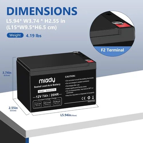 Vista 2 de Miady Batería de ácido plomo sellada recargable de 12V 7Ah (Paquete de 2)