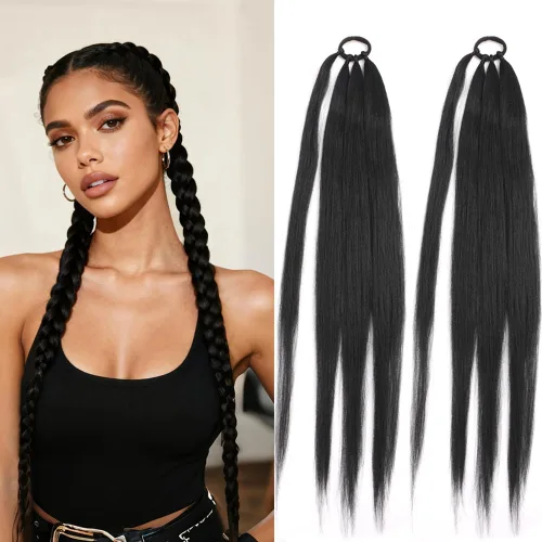 Vista 11 de Extensiones de cola de caballo, 2 piezas sintéticas con lazo para el cabello, extensiones trenzadas, cola de moño, anillo de banda de goma de 26
