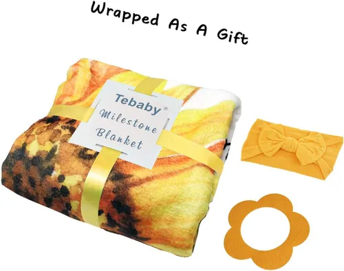 Vista 3 de Tebaby Manta mensual de hito para bebé niña, manta de girasol para recién nacido, regalo personalizado para ducha, decoración floral de guardería