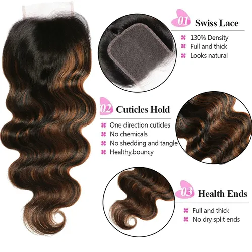 Vista 3 de UNICE Ombre Highlight Body Wave cierre de encaje 4x4 parte libre, cabello humano marrón cierre ondulado con raíces oscuras, color FB30 de 16