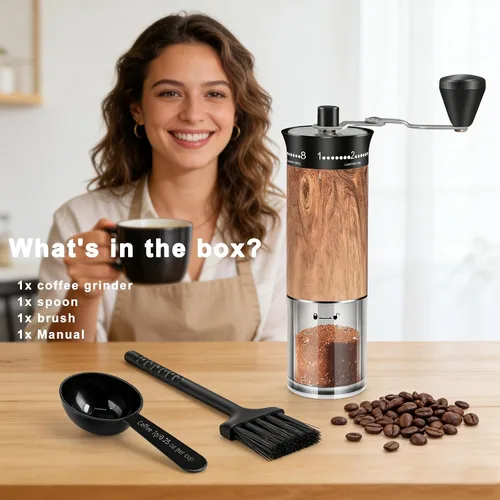 Vista 7 de Molinillo de café manual con 56 ajustes precisos de molienda externamente ajustable, mango largo plegable, cuerpo de grano de madera y rebabas