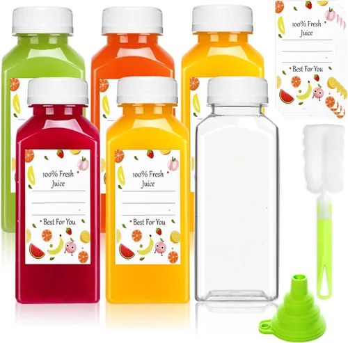 Vista 9 de Botellas de jugo de plástico con tapas 12 piezas - 355 ml Botellas reutilizables con tapas a prueba de manipulación negras - Botellas transparentes