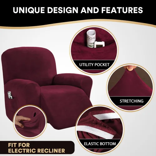 Vista 4 de PrinceDeco Funda para silla reclinable, fundas elásticas de terciopelo para sofá reclinable, estilo de 4 piezas, fundas para sillas reclinables
