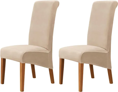 Vista 45 de Juego de 2 fundas de terciopelo para sillas de comedor, color beige, fundas elásticas para sillas de comedor y cocina, reutilizables, protector