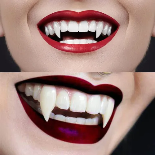 Vista 2 de OMKNEPS 2 pares de colmillos de vampiro, dientes de hombre lobo, cosplay, tirantes retráctiles, fiesta de Halloween, colmillos falsos para adultos