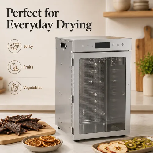 Vista 7 de Deshidratador de alimentos de acero inoxidable, gabinete de secado de caja Biltong de 800 W, capacidad de 24.5 cuartos de galón, temperatura