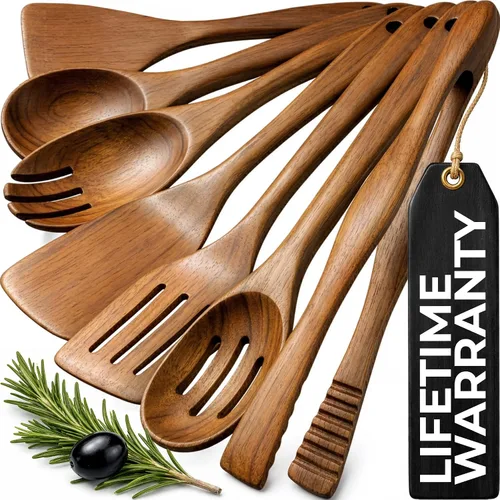 Vista 20 de Zulay Kitchen Juego de 5 cucharas de madera extragrandes - Utensilios de cocina de teca lisa - Cucharón, espátula, espumadera, tenedor, cuchara