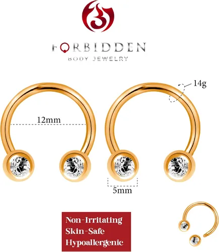 Vista 2 de Forbidden Body Jewelry Anillos de herradura de acero quirúrgico de 14G y 0.472 in con circonita cúbica para pezón, se venden en pares