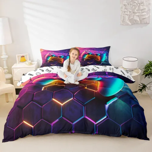 Vista 17 de Juego de funda de edredón con diseño de videojuegos para niños, tamaño individual, negro y azul a cuadros, juego de ropa de cama moderna