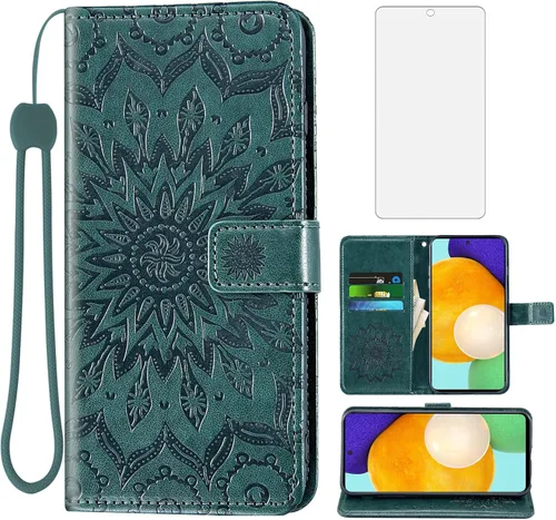 Vista 12 de Funda de teléfono para Samsung Galaxy A52 5G/4G con protector de pantalla de vidrio templado y funda delgada de cuero, soporte para tarjetas